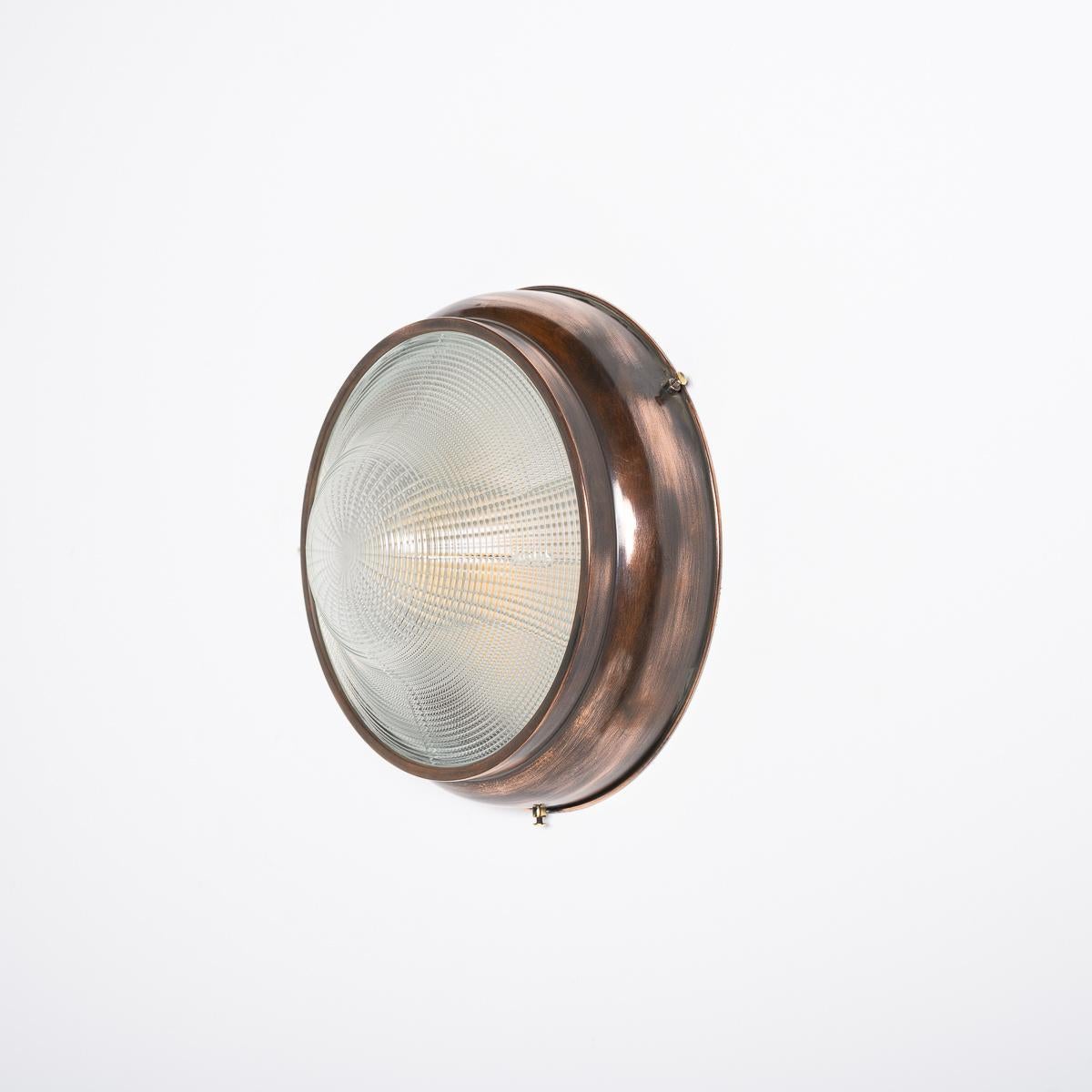 American Vintage Holophane Prismatic Glass and Copper Flush Light Fitting For Sale