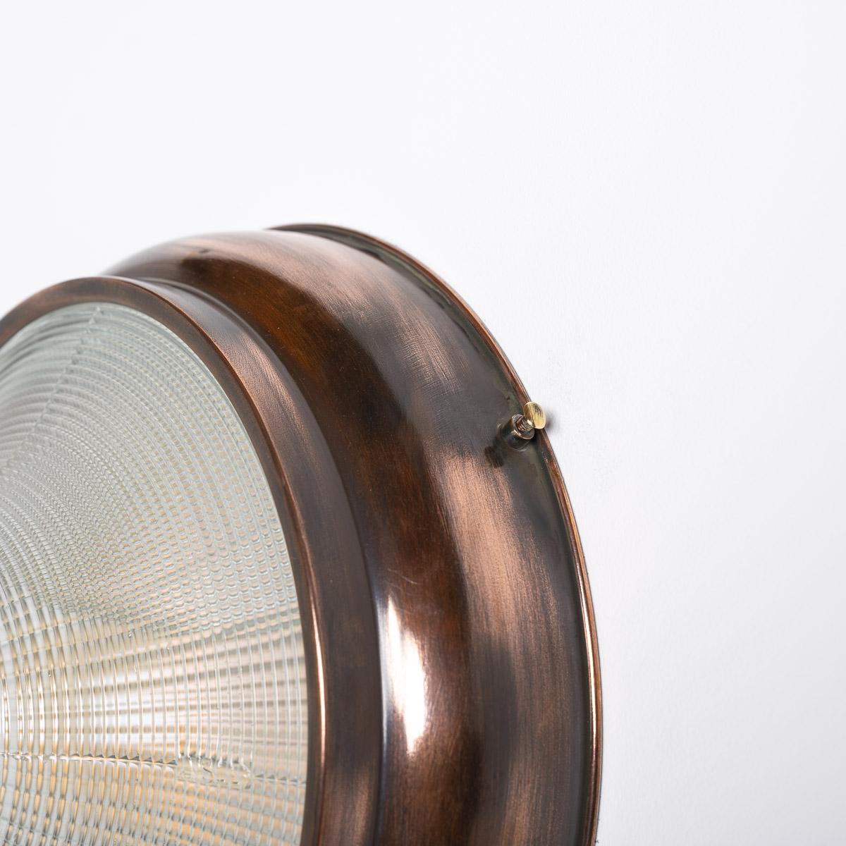 Molded Vintage Holophane Prismatic Glass and Copper Flush Light Fitting For Sale