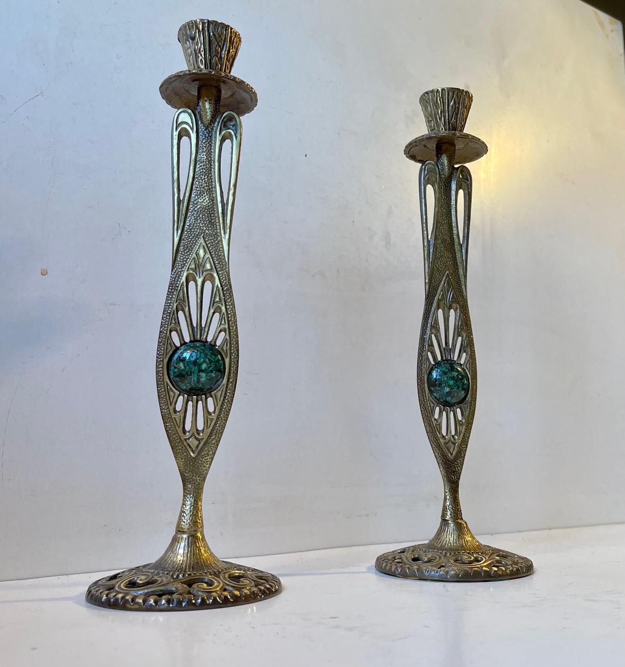 Art Nouveau Vintage Holyland Brass Candlesticks with Green Eliat Stones, Tamar Israel For Sale