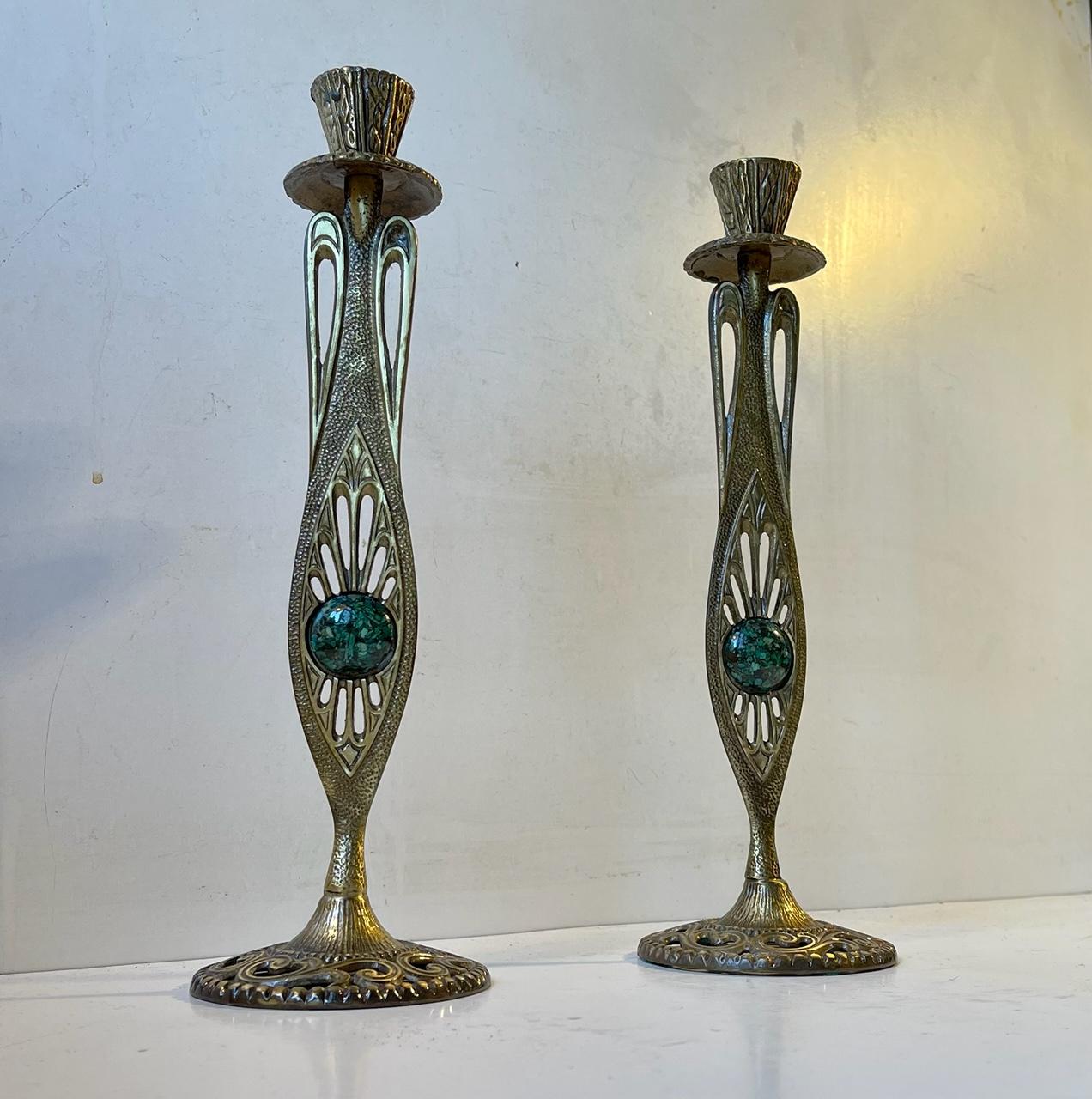 Israeli Vintage Holyland Brass Candlesticks with Green Eliat Stones, Tamar Israel For Sale