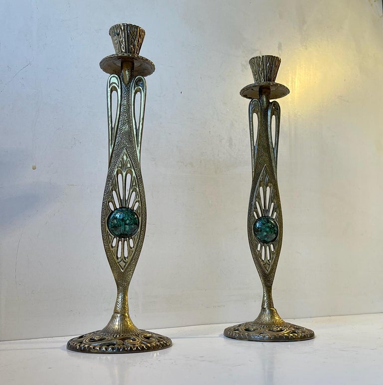 Vintage Holyland Brass Candlesticks with Green Eliat Stones, Tamar Israel  For Sale at 1stDibs