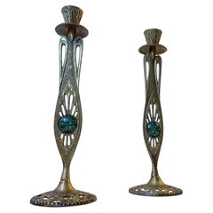 Vintage Holyland Brass Candlesticks with Green Eliat Stones, Tamar Israel