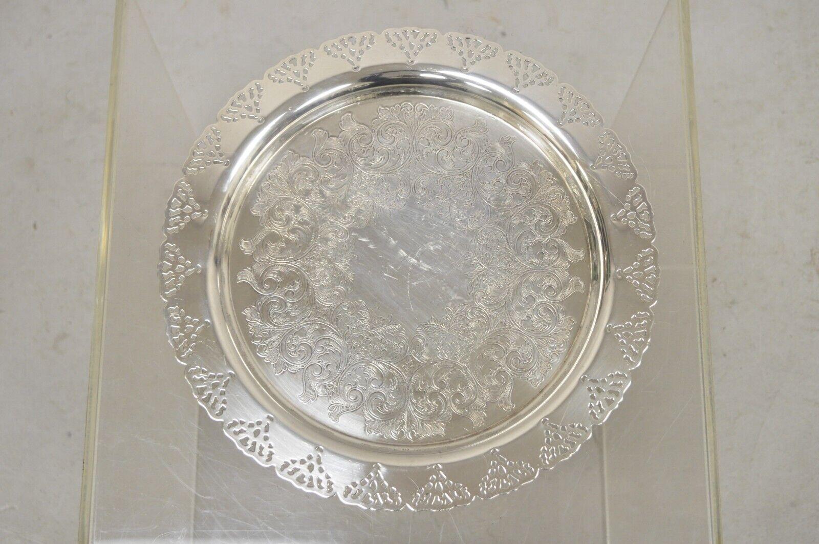 Vintage Home Decorators Inc Silver Plated Pierced Gallery Round Serving Tray. Circa  Late 20th Century. Measurements:  1