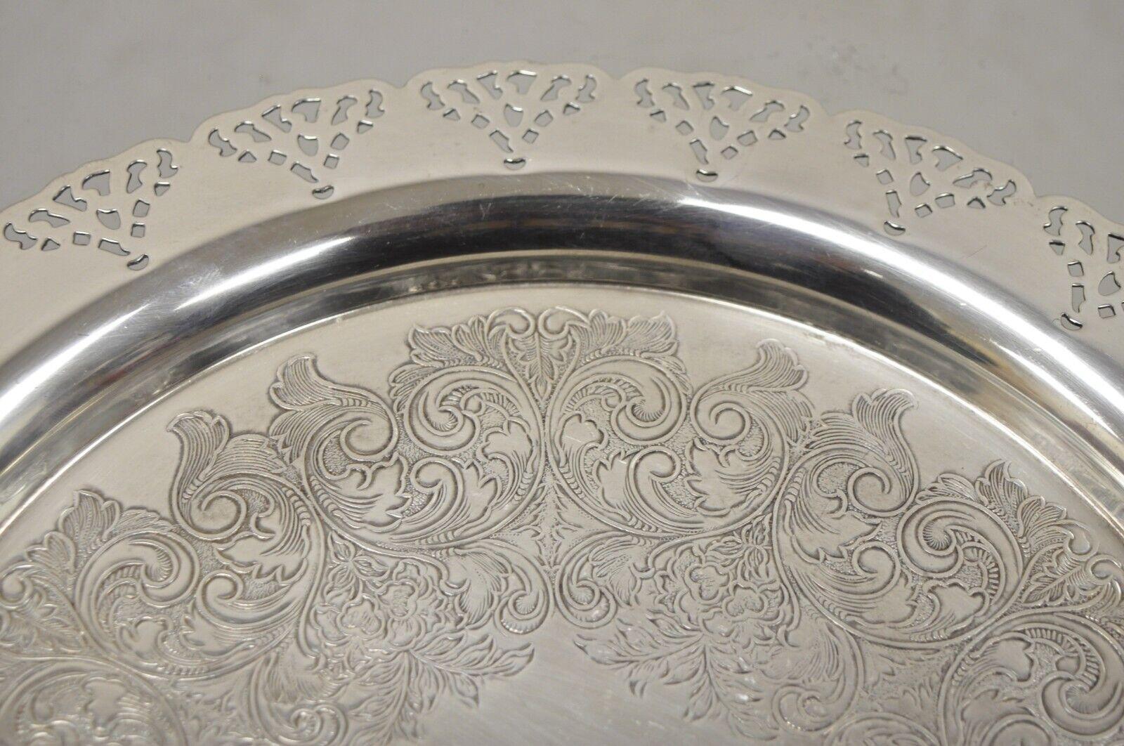 Vintage Home Decorators Inc Silver Plated Pierced Gallery Round Serving Tray In Good Condition For Sale In Philadelphia, PA