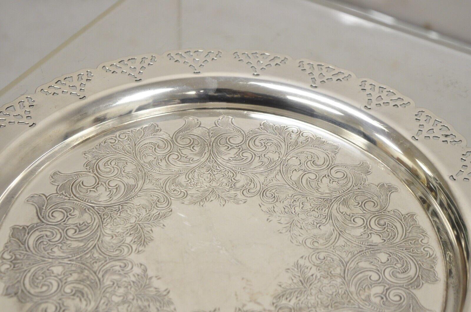 20th Century Vintage Home Decorators Inc Silver Plated Pierced Gallery Round Serving Tray For Sale