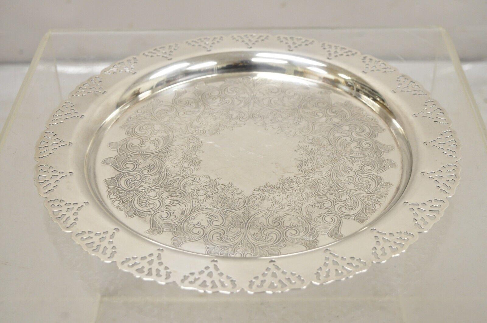 Vintage Home Decorators Inc Silver Plated Pierced Gallery Round Serving Tray For Sale 2