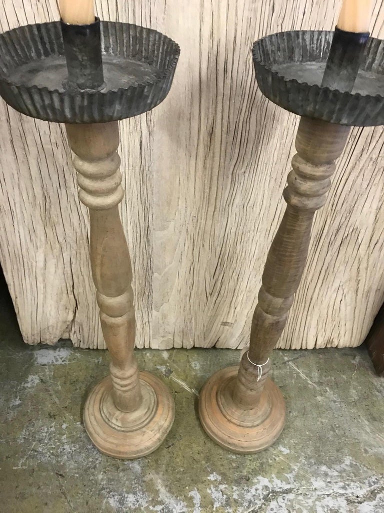 Vintage Honduran Tall Wooden Altar Candlesticks For Sale at 1stDibs