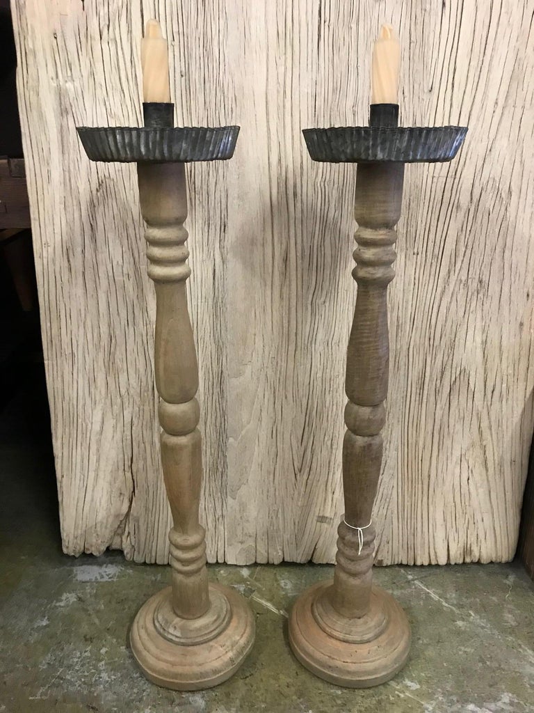 Vintage Honduran Tall Wooden Altar Candlesticks For Sale at 1stDibs