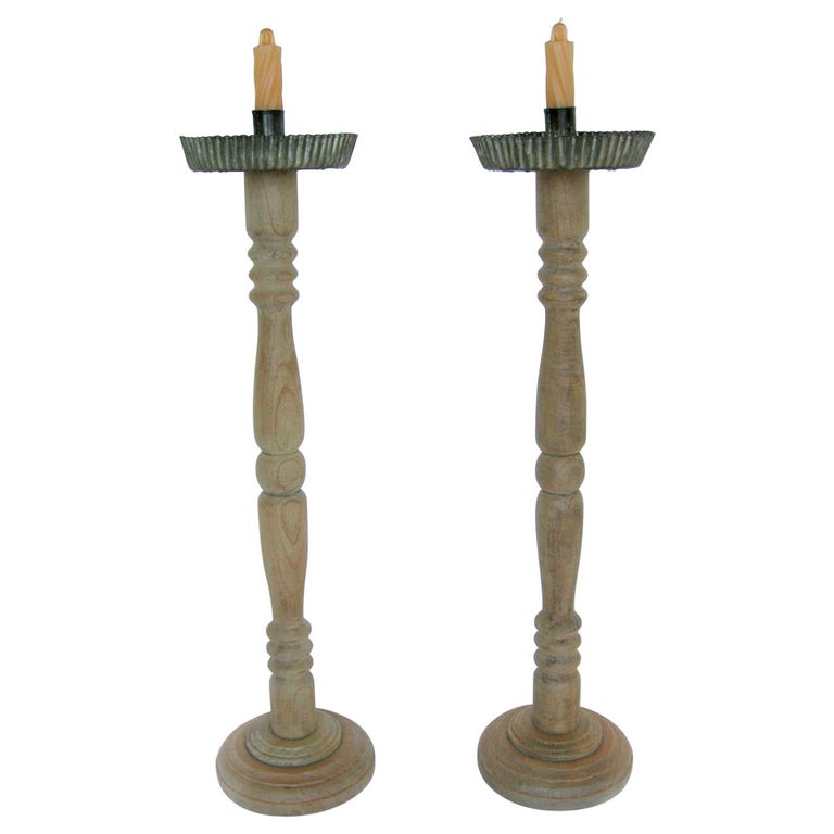 Vintage Honduran Tall Wooden Altar Candlesticks For Sale at 1stDibs