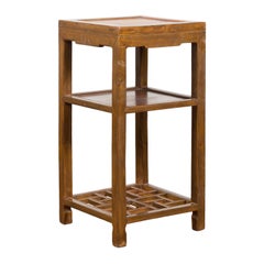 Vintage Honey Brown Side Table with Geometric Base Shelf