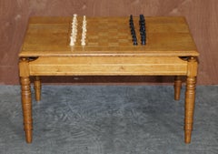 Vintage Honey Oak Chess Board Coffee Table with Vintage Ebonised Chess Set