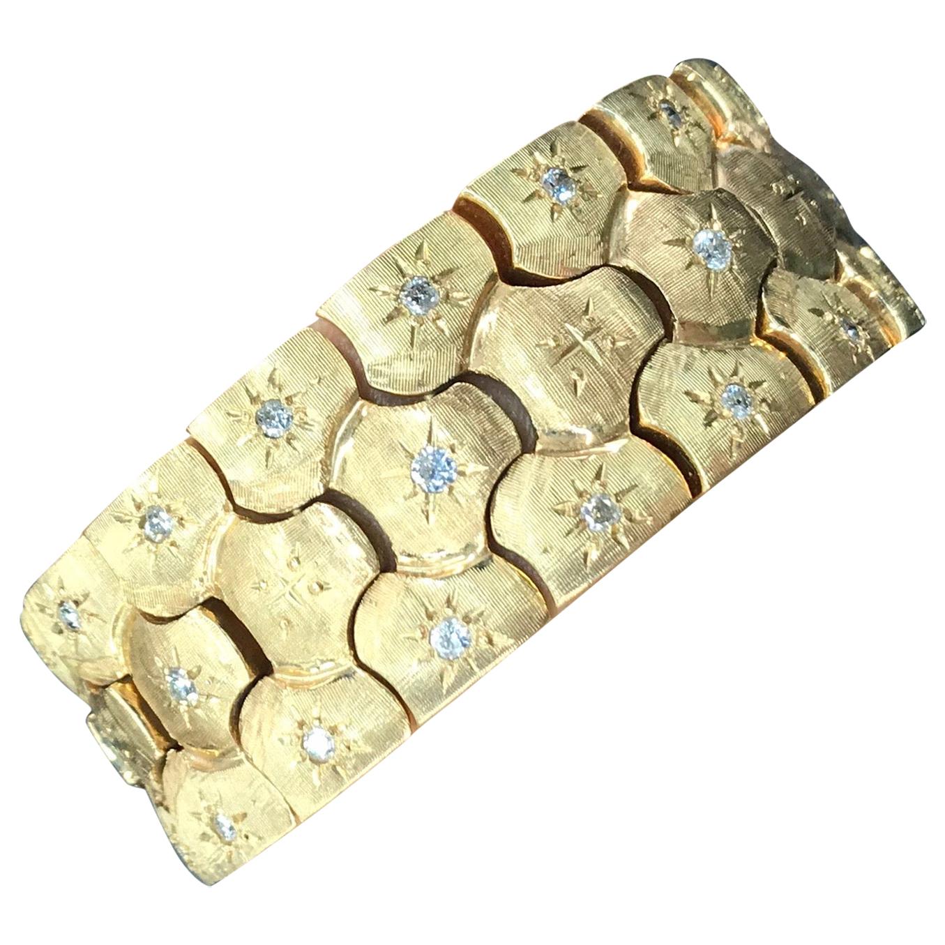 Vintage Honeycomb 14 Karat Yellow Gold Diamond Bracelet 0.60 Carat