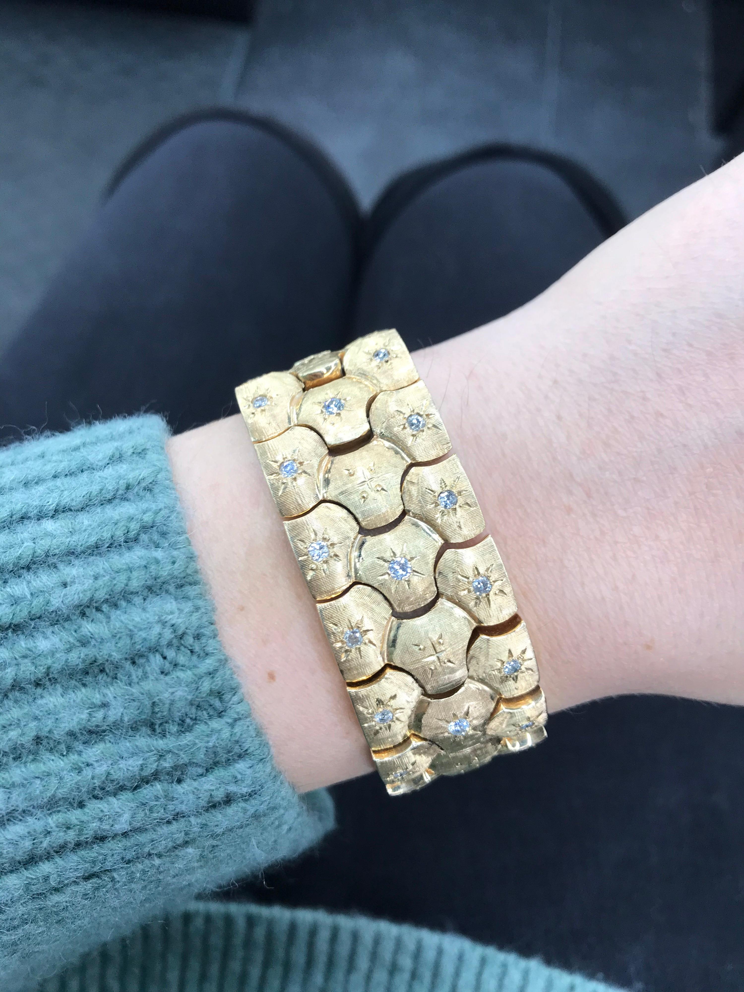 Vintage honeycomb motif bracelet featuring scattered round brilliants weighing 0.60 carats, crafted in 14k Yellow Gold. 

