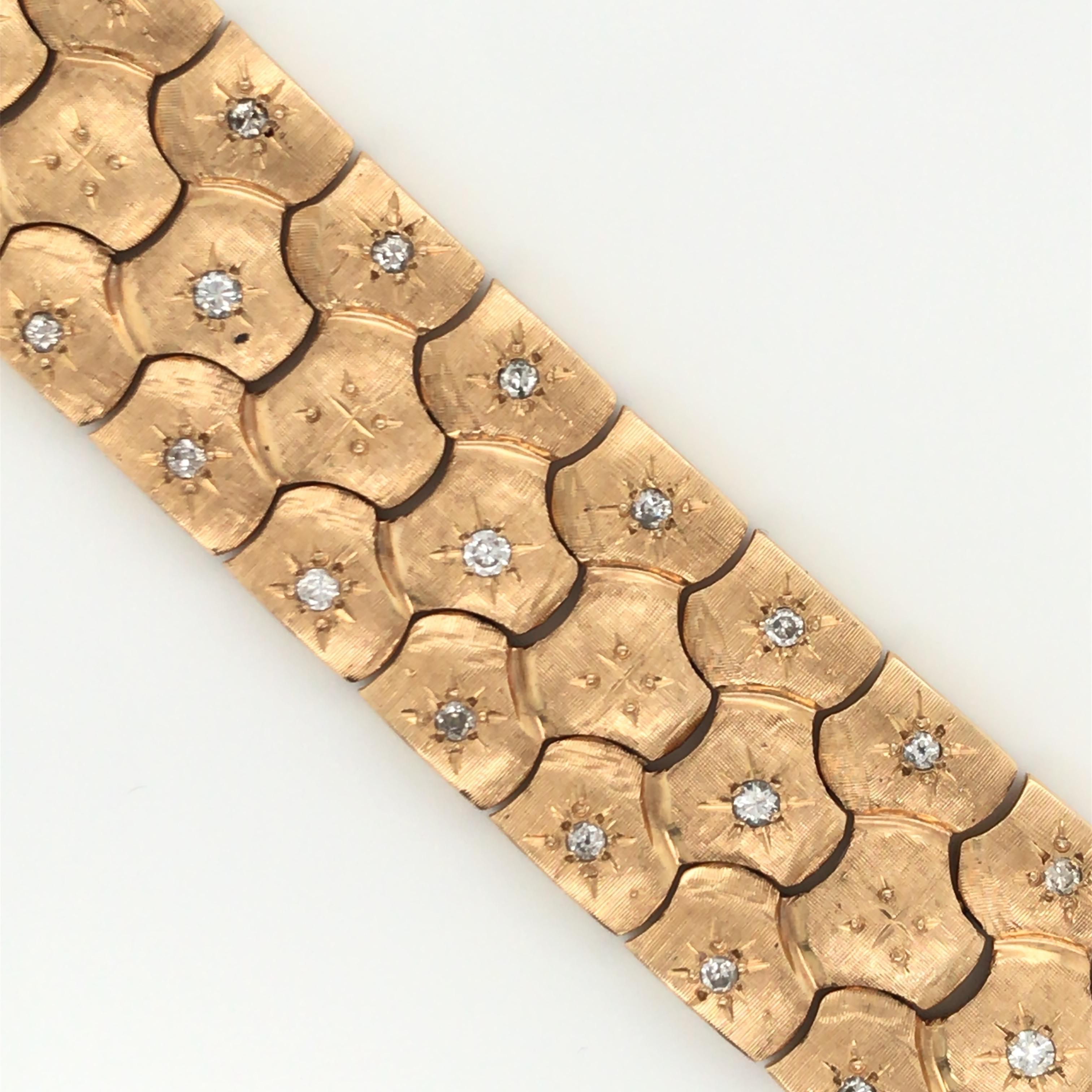 Round Cut Vintage Honeycomb 14 Karat Yellow Gold Diamond Bracelet 0.60 Carat