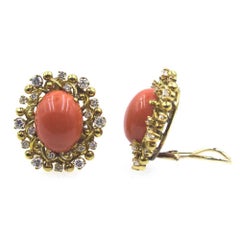Vintage Honora Coral Diamond 18 Karat Yellow Gold Clip Earrings