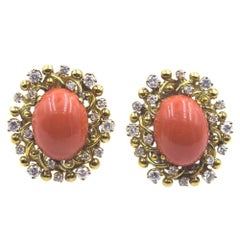 Vintage Honora Coral Diamond 18 Karat Yellow Gold Clip Earrings