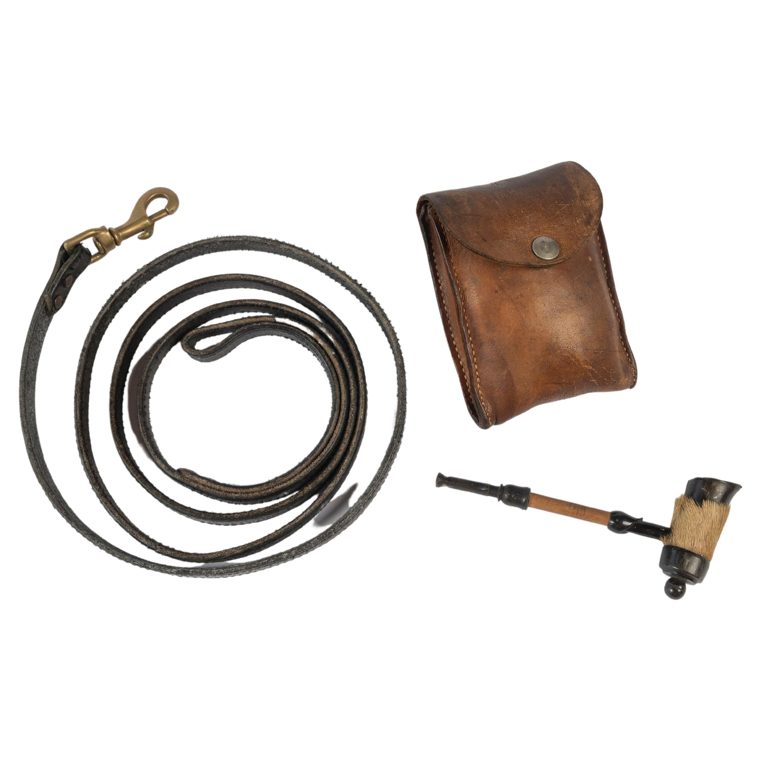 Vintage Hoofed Pipe, Leather Pouch and Leather Dog Lead, Early 20th Century