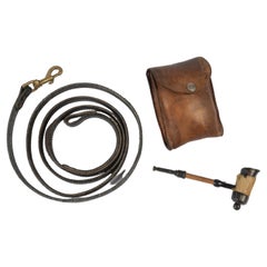 Antique Hoofed Pipe, Leather Pouch and Leather Dog Lead, Early 20th Century