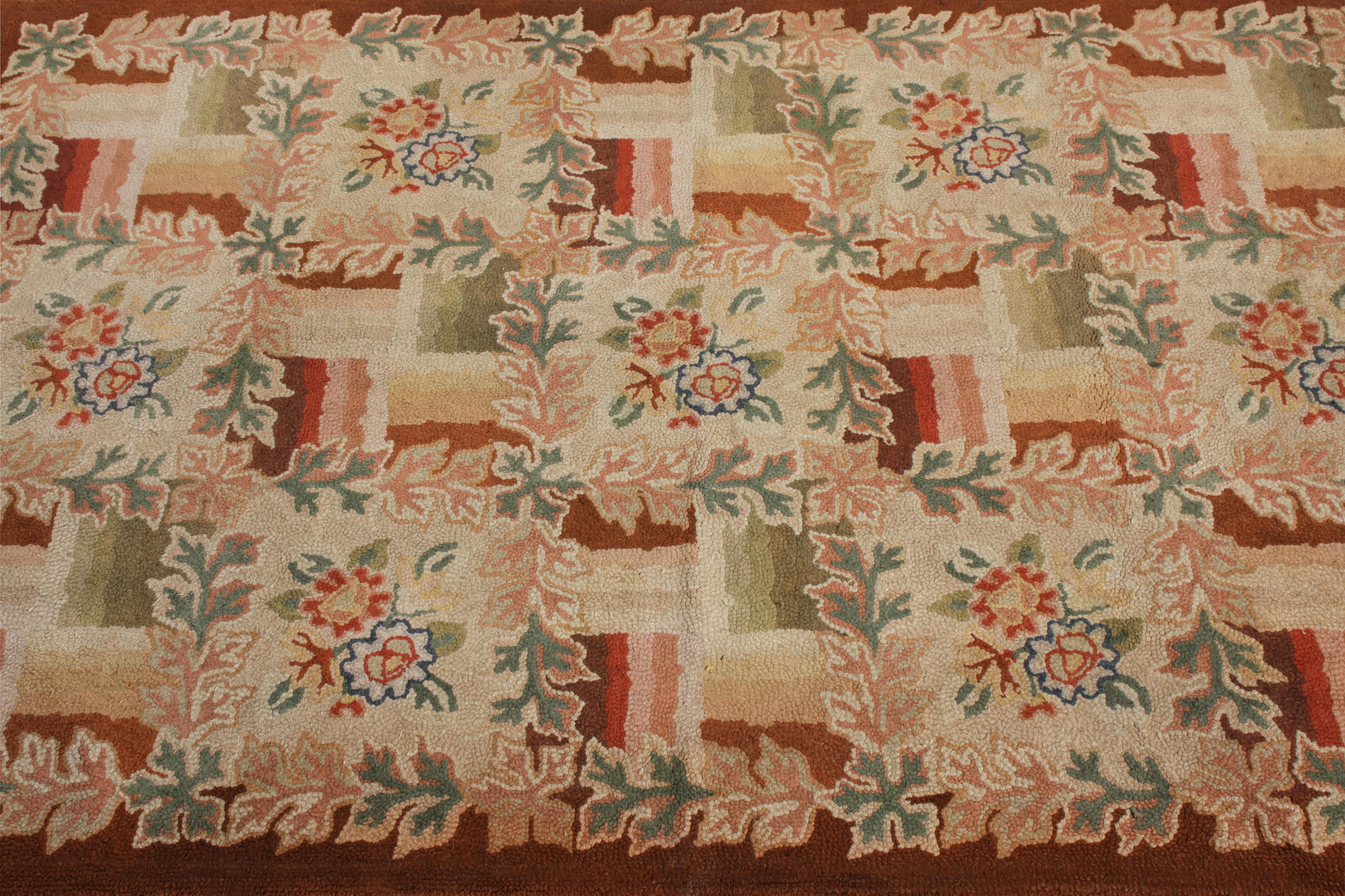 American Vintage Hooked Cream Beige Floral Wool Rug by Rug & Kilim