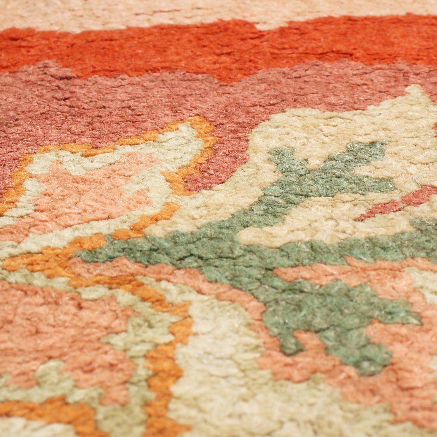 Hand-Knotted Vintage Hooked Cream Beige Floral Wool Rug