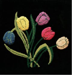 Vintage Hooked Floral Tapestry on Velvet - Hand Made - Canada - Circa 1950's