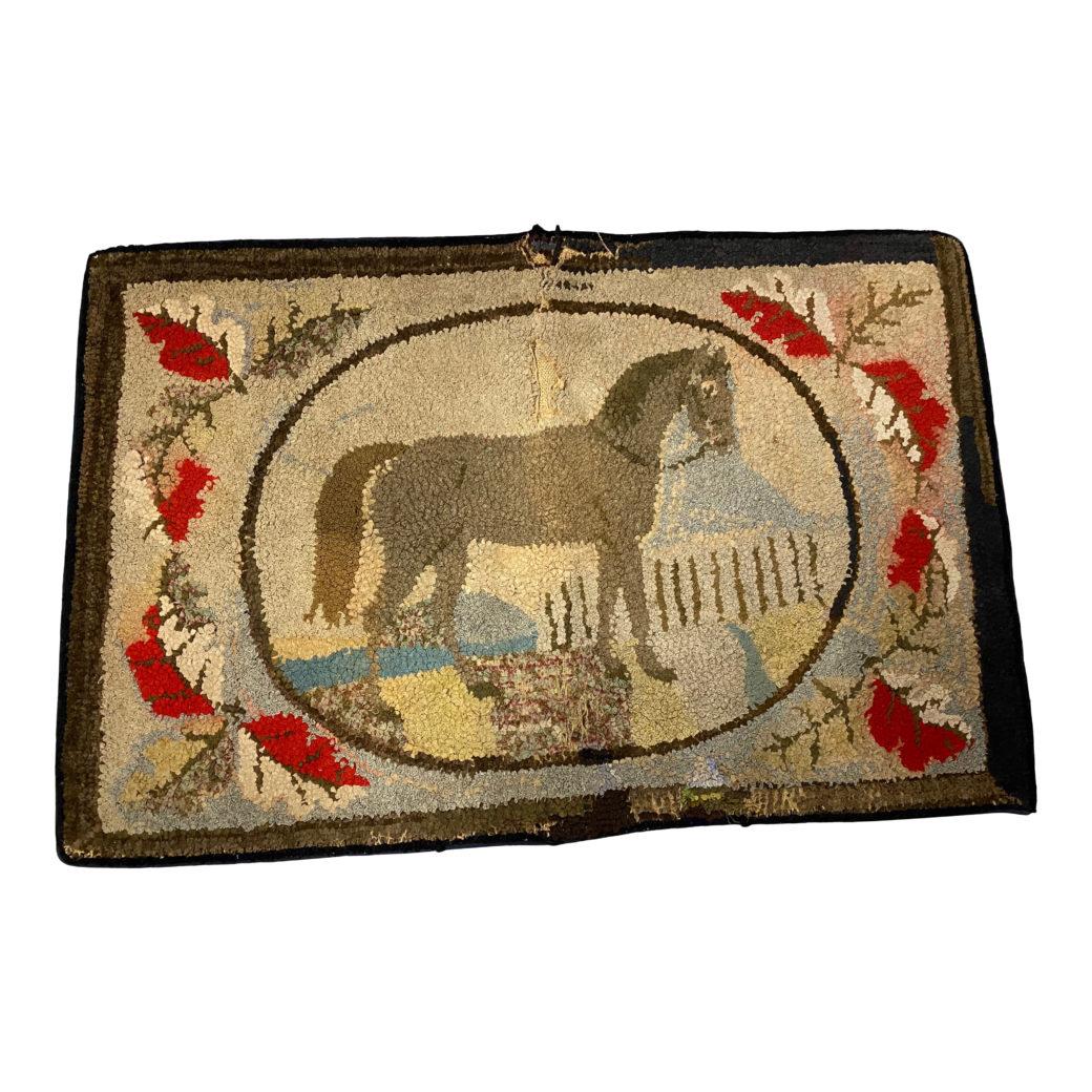 Backed on linen

Wear consistent with age and use

38″ x 24″


Hooked rugs first became popular in America in the 1840s. They were practical items of household furnishings and were perfect examples of recycling – utilizing old burlap grain sacks and