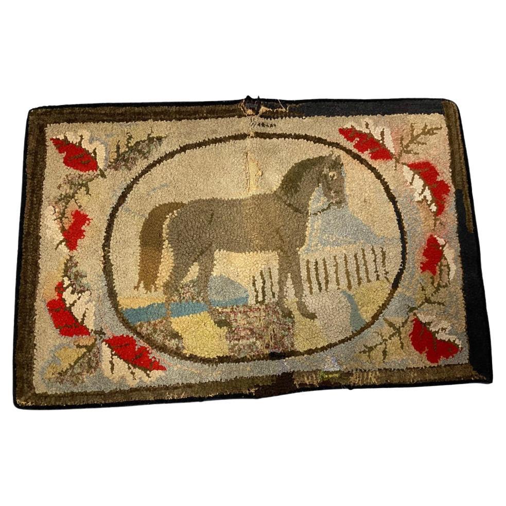 Vintage Hooked Horse Teppich im Angebot