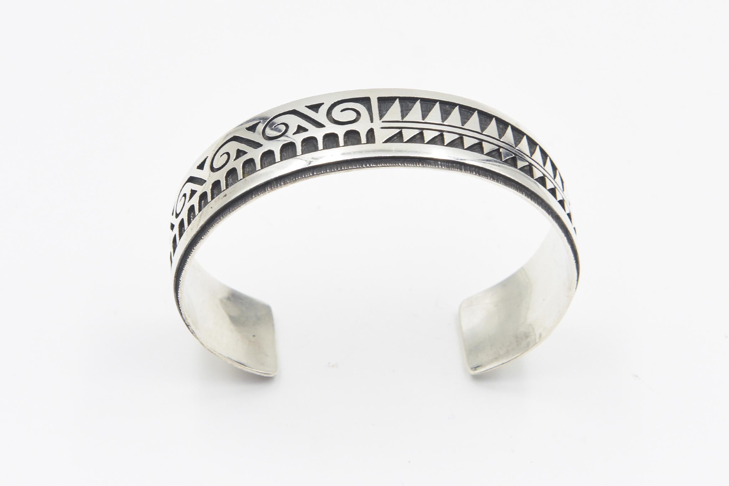 Women's or Men's Vintage Hopi Native American Overlay Sterling Silver Cuff Bracelet by Chalmers D For Sale