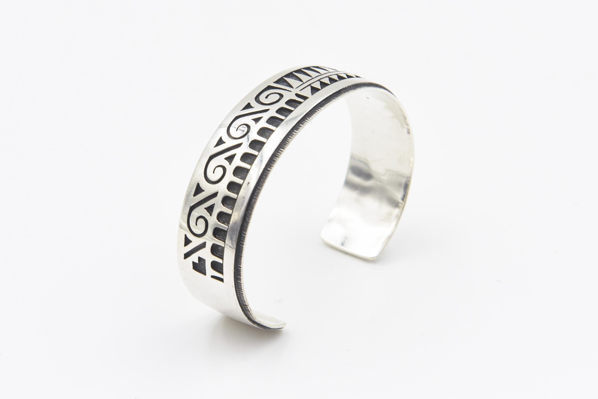 Vintage Hopi Native American Overlay Sterling Silver Cuff Bracelet by Chalmers D For Sale 2