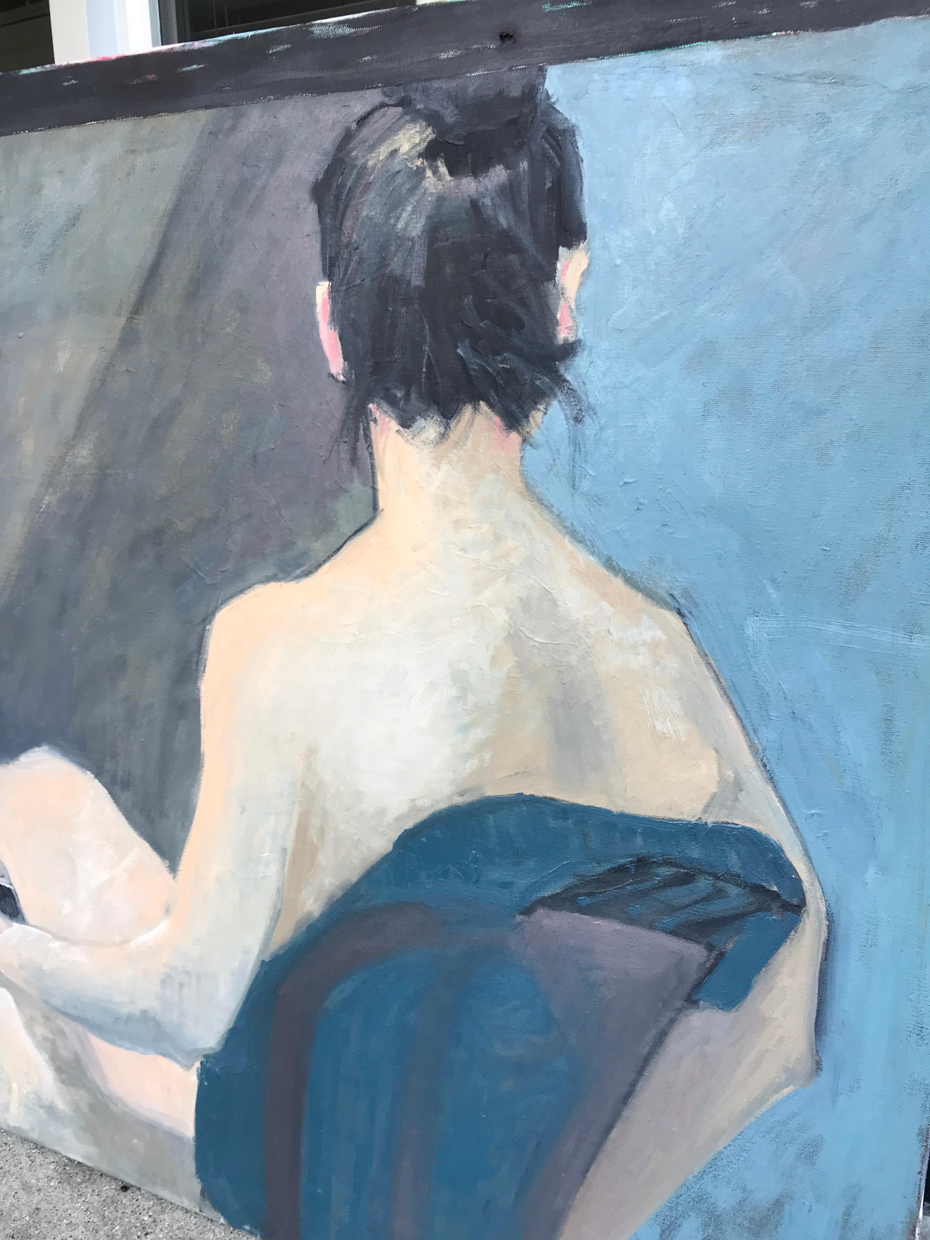 Mysterious woman sitting in the nude. A moody use of blues and grays capture a seductive, yet romantic scene. Oil on stretched canvas.