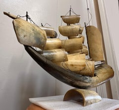 Vintage Horn-Carved Clipper Ship Sculpture — Mid-Century Folk-Art Nautical Decor