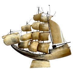 Vintage Horn-Carved Clipper Ship Sculpture - Mid-Century Folk-Art Nautical Decor