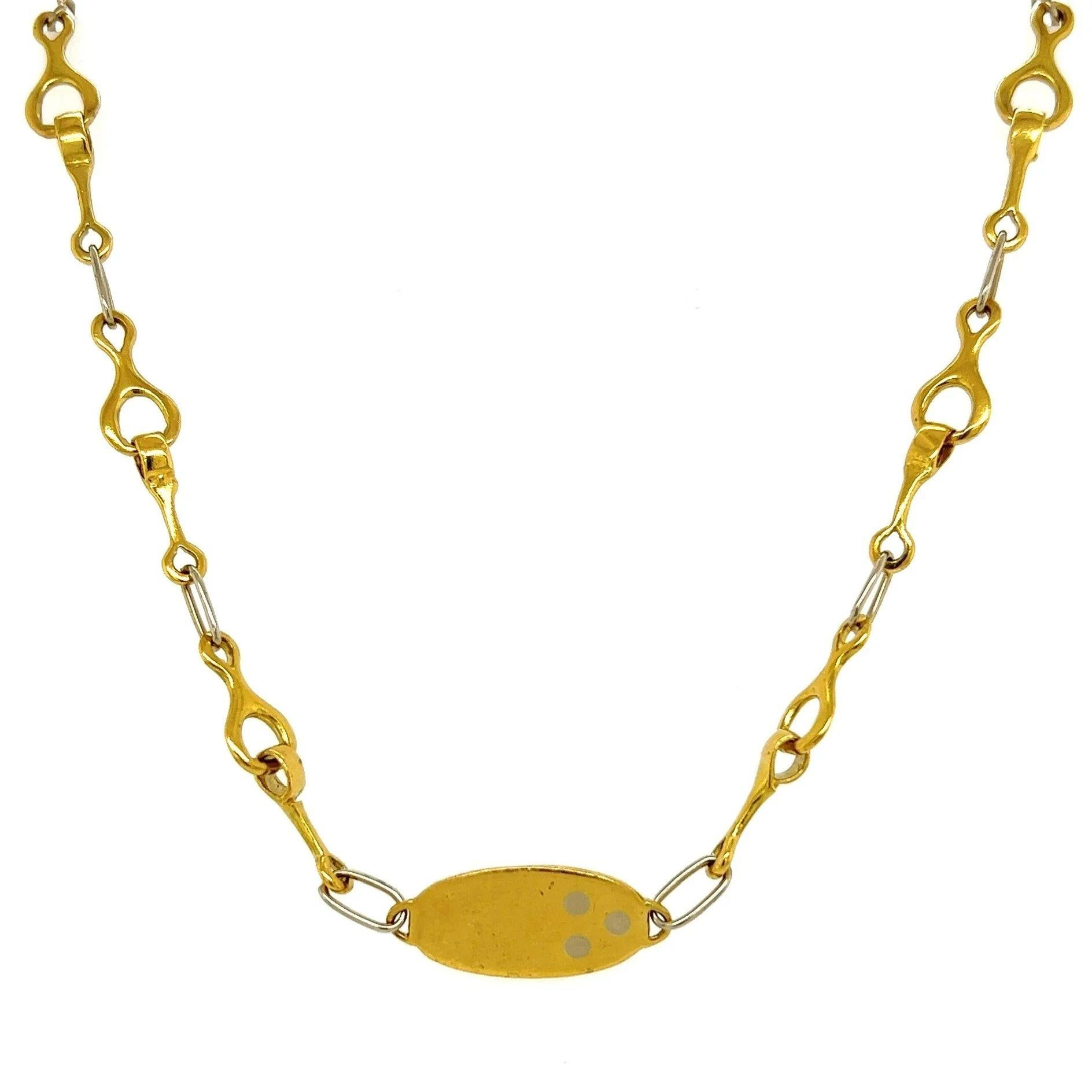 Simply Beautiful! Finely Detailed Unique Gold Horse Bit Link with Flat Plate Watch Chain Necklace. Measuring approx. 15” long. Hand crafted in 18 Karat Yellow Gold. This Watch Chain Necklace epitomizes Vintage charm and would make a lovely