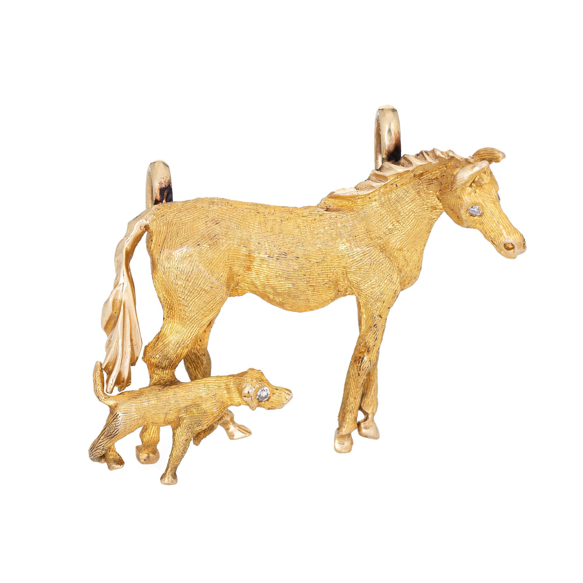Round Cut Vintage Horse & Dog Pendant 14k Yellow Gold Fine Estate Animal Jewelry For Sale
