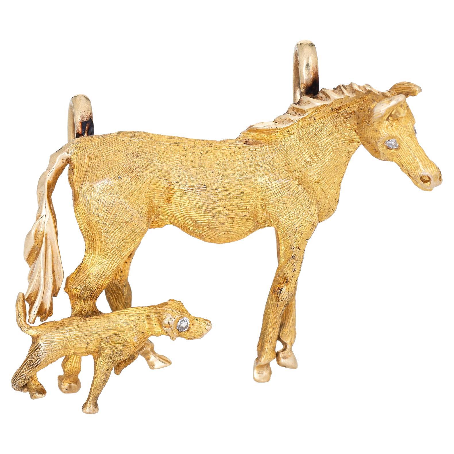 Pendentif vintage cheval et chien en or jaune 14 carats, bijouterie d'art pour animaux de collection