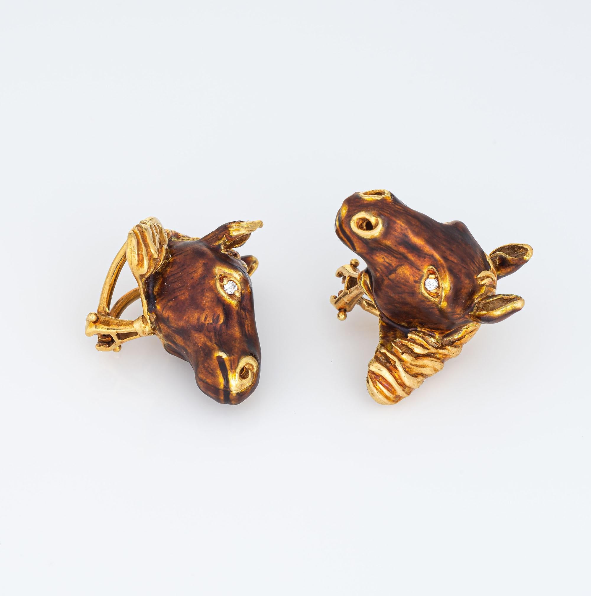 Elegant pair of vintage horse earrings (circa 1950s to 1960s), crafted in 18k yellow gold. 

Diamonds total an estimated 0.04 carats (estimated at G-H color and VS2 clarity).   

The stylish horse earrings feature chestnut brown enamel with diamond