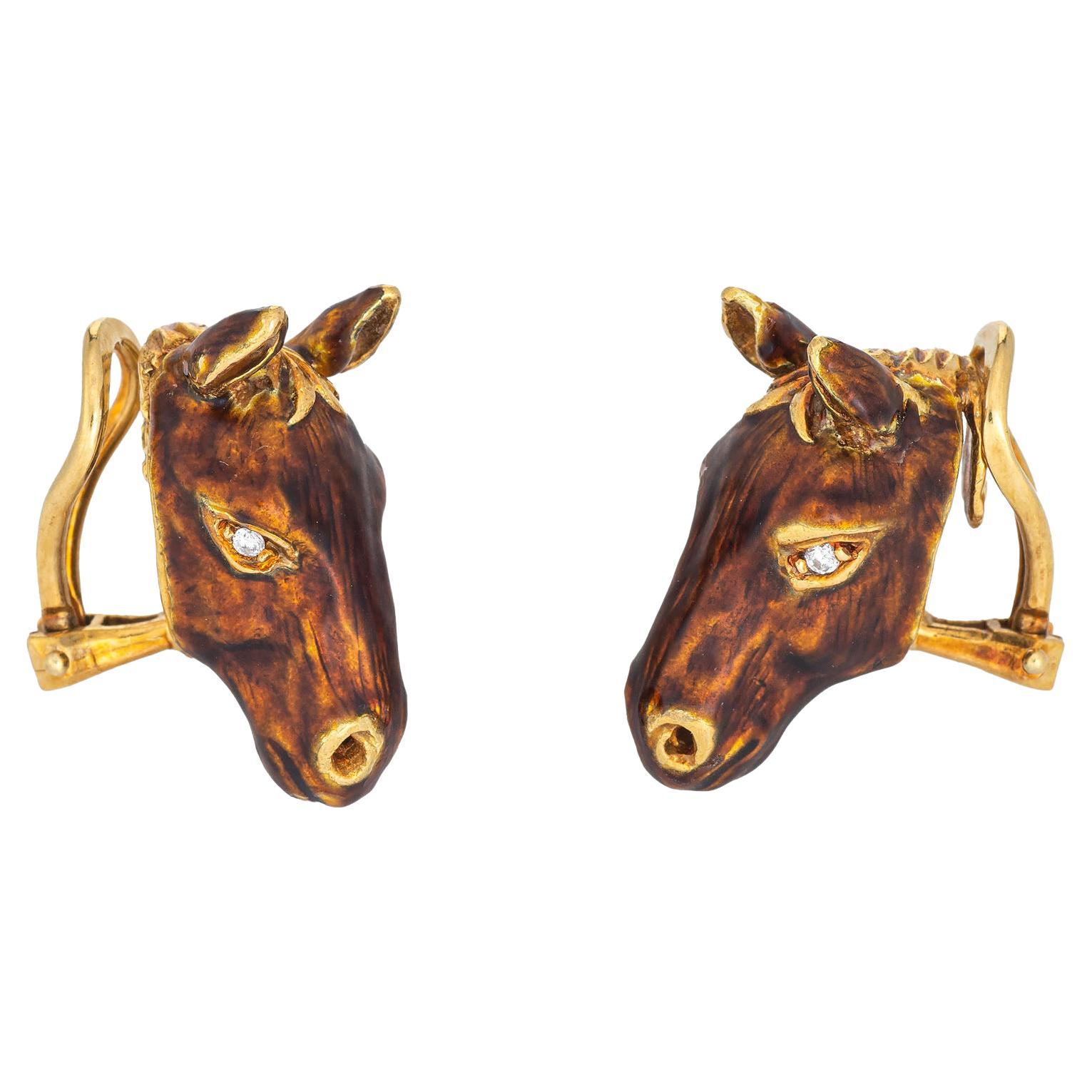 Vintage Horse Earrings Clip on 18k Yellow Gold Enamel Diamond Eyes Equestrian