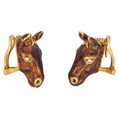 Vintage Horse Earrings Clip on 18k Yellow Gold Enamel Diamond Eyes Equestrian