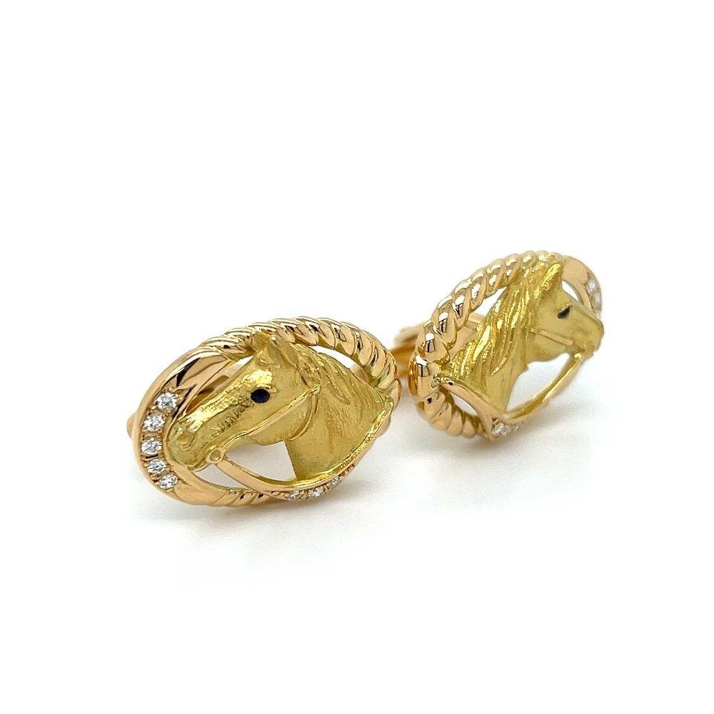 Round Cut Vintage Horse Head Diamond and Sapphire Eyes Gold Cufflinks For Sale