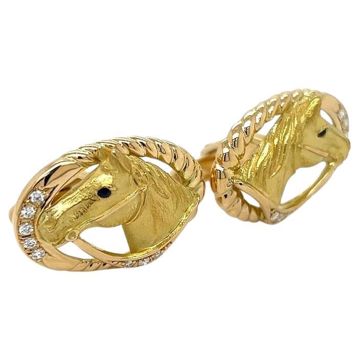 Vintage Horse Head Diamond and Sapphire Eyes Gold Cufflinks For Sale