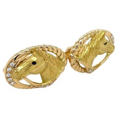 Vintage Horse Head Diamond and Sapphire Eyes Gold Cufflinks