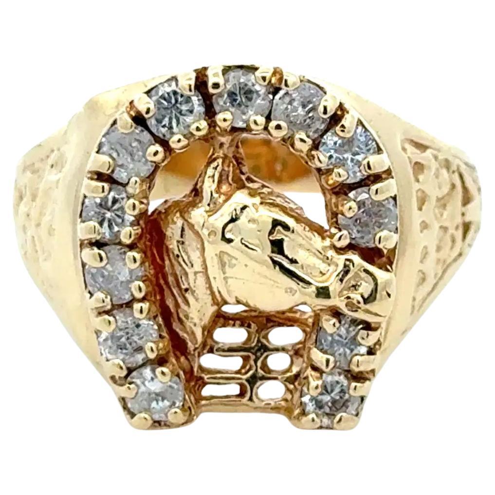 Vintage Horse Head Diamond Horseshoe Gold Equestrian Unisex Ring