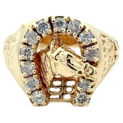 Vintage Horse Head Diamond Horseshoe Gold Equestrian Unisex Ring