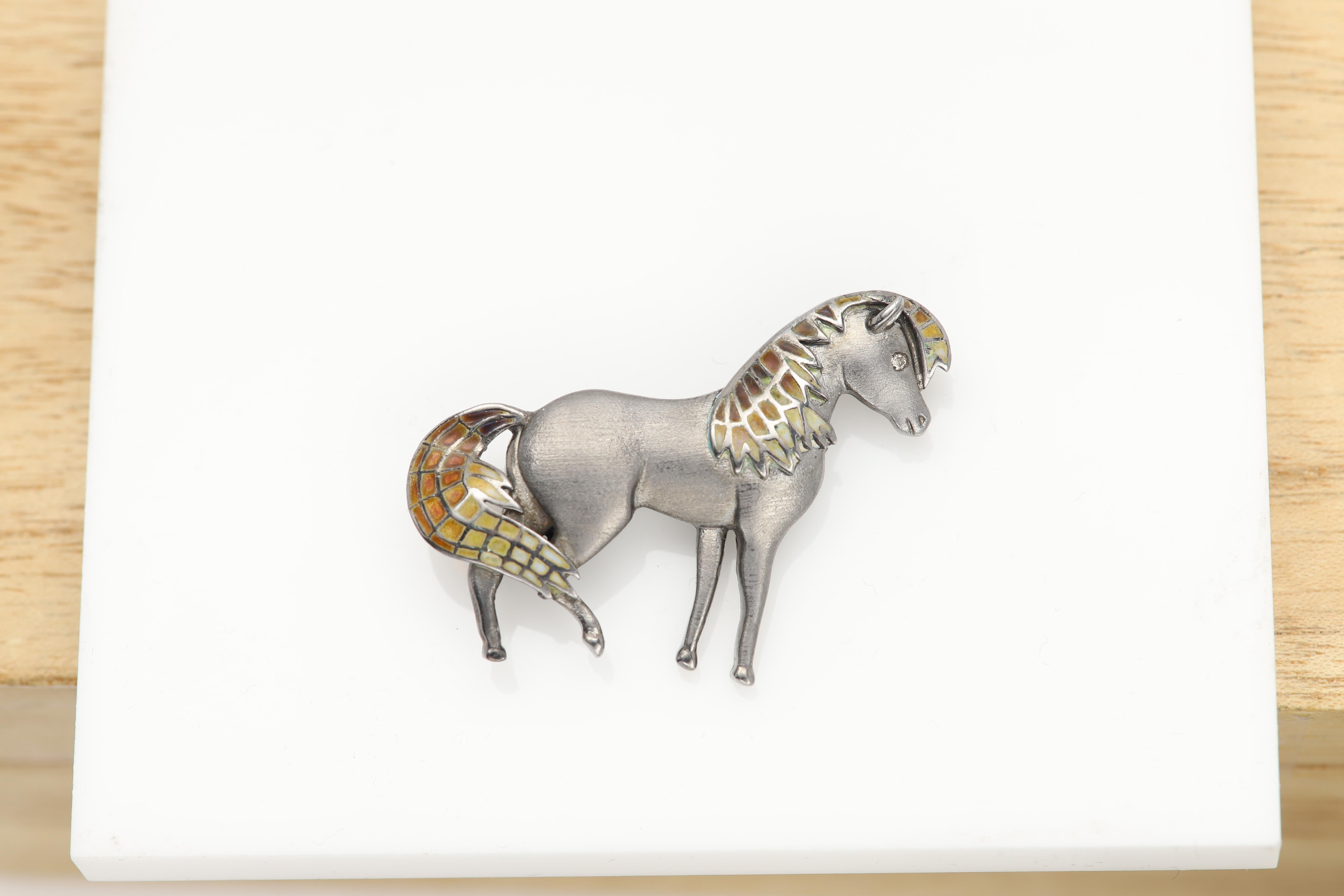 Vintage Horse Pin Brosche Anhänger Halskette Sterling Silber und Emaille im Angebot 4