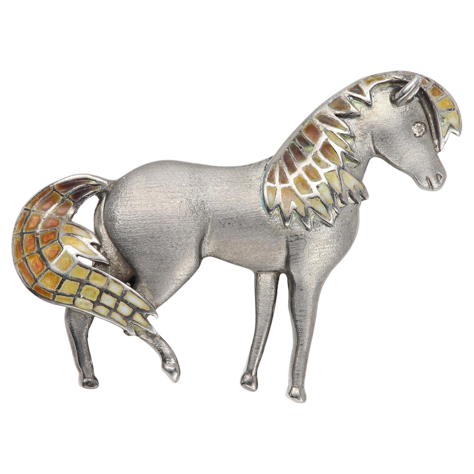 Spilla a spilla cavallo vintage Collana in argento e smalto