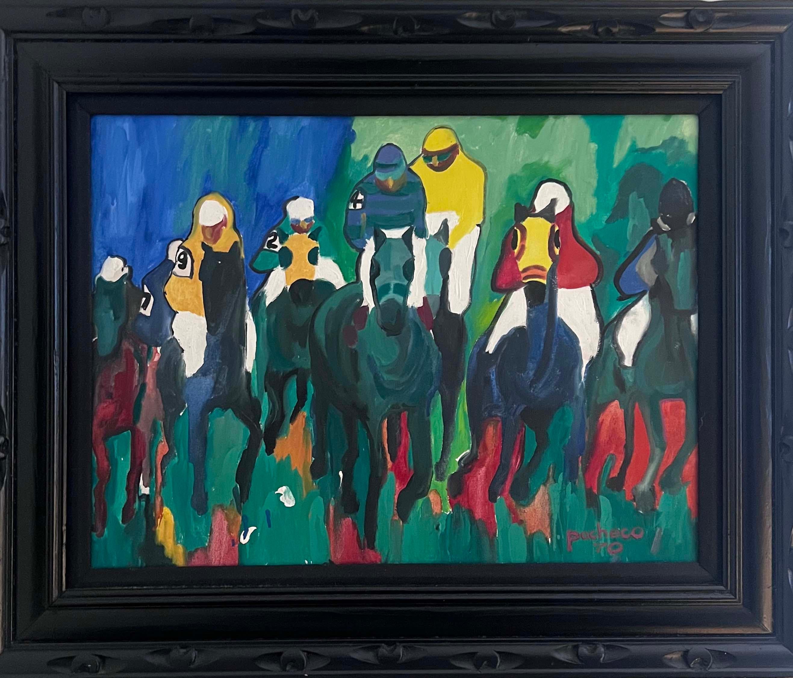 Framed original painting by Ferdie Pacheco.  This painting is an amazing Oil on canvas painting of a horse race impressionistic style with bold bright primary color scheme. One of Ferdie's best works. Signed and dated 1970. Race Horses viewed from