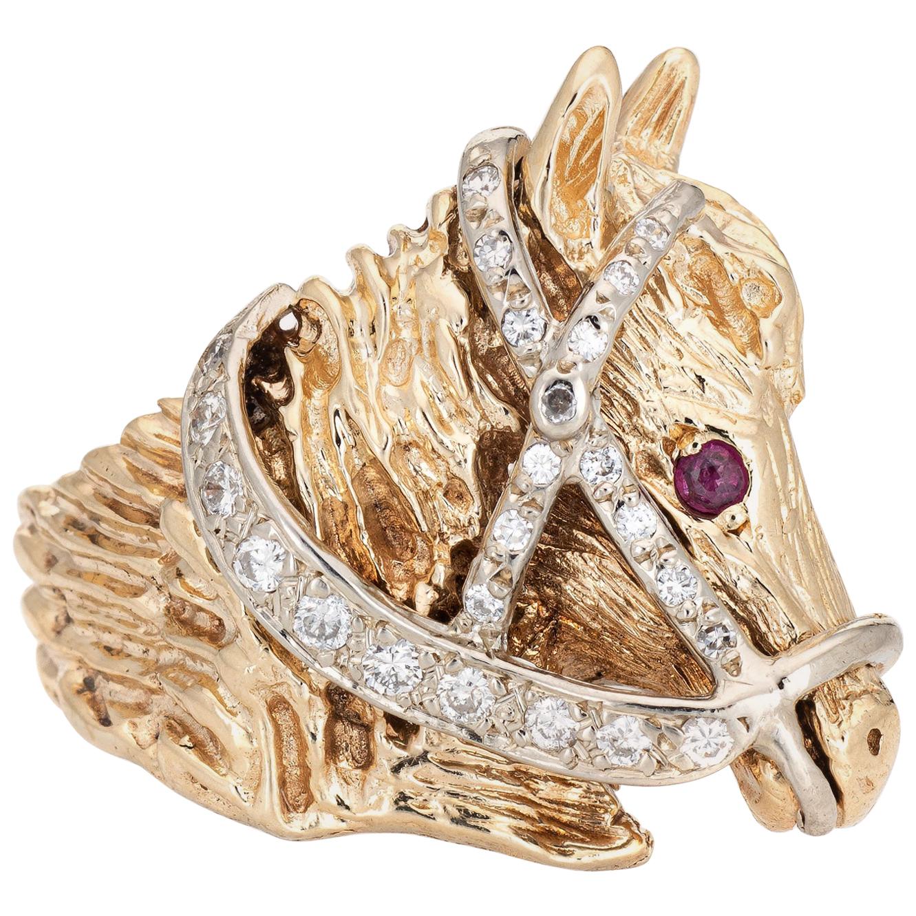 Reiter-Ring aus 14 Karat Gold mit Diamant-Ring und Rubin-Augen