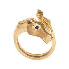 Vintage Horse Ring 14k Yellow Gold Sapphire Eyes Equestrian Jewelry