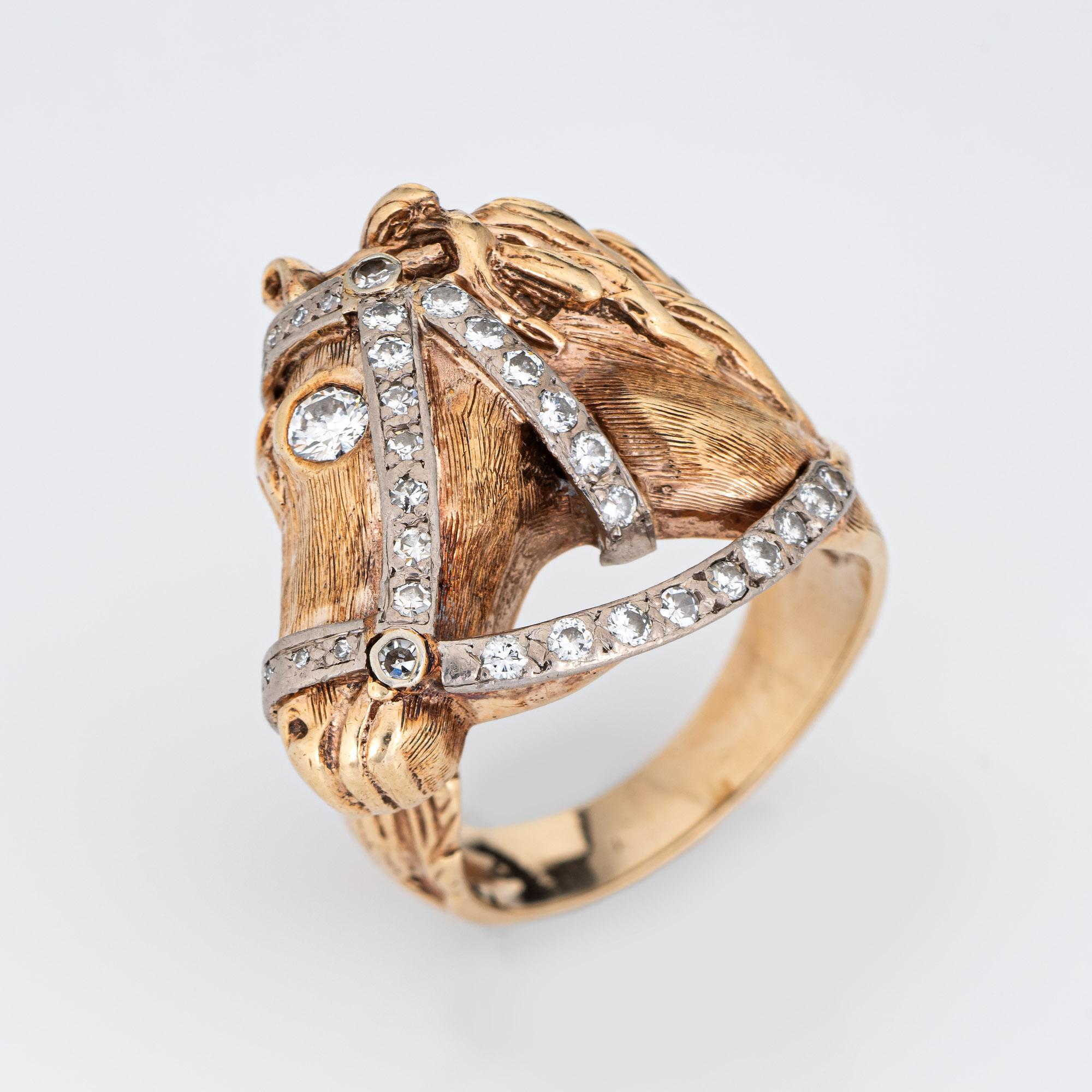 Stylish vintage diamond Horse ring (circa 1960s to 1970s) crafted in 14 karat yellow gold. 

Diamonds total an estimated 0.40 carats (estimated at H-I color and SI1-2 clarity).
The head of the horse wraps around the finger, with textured detail to