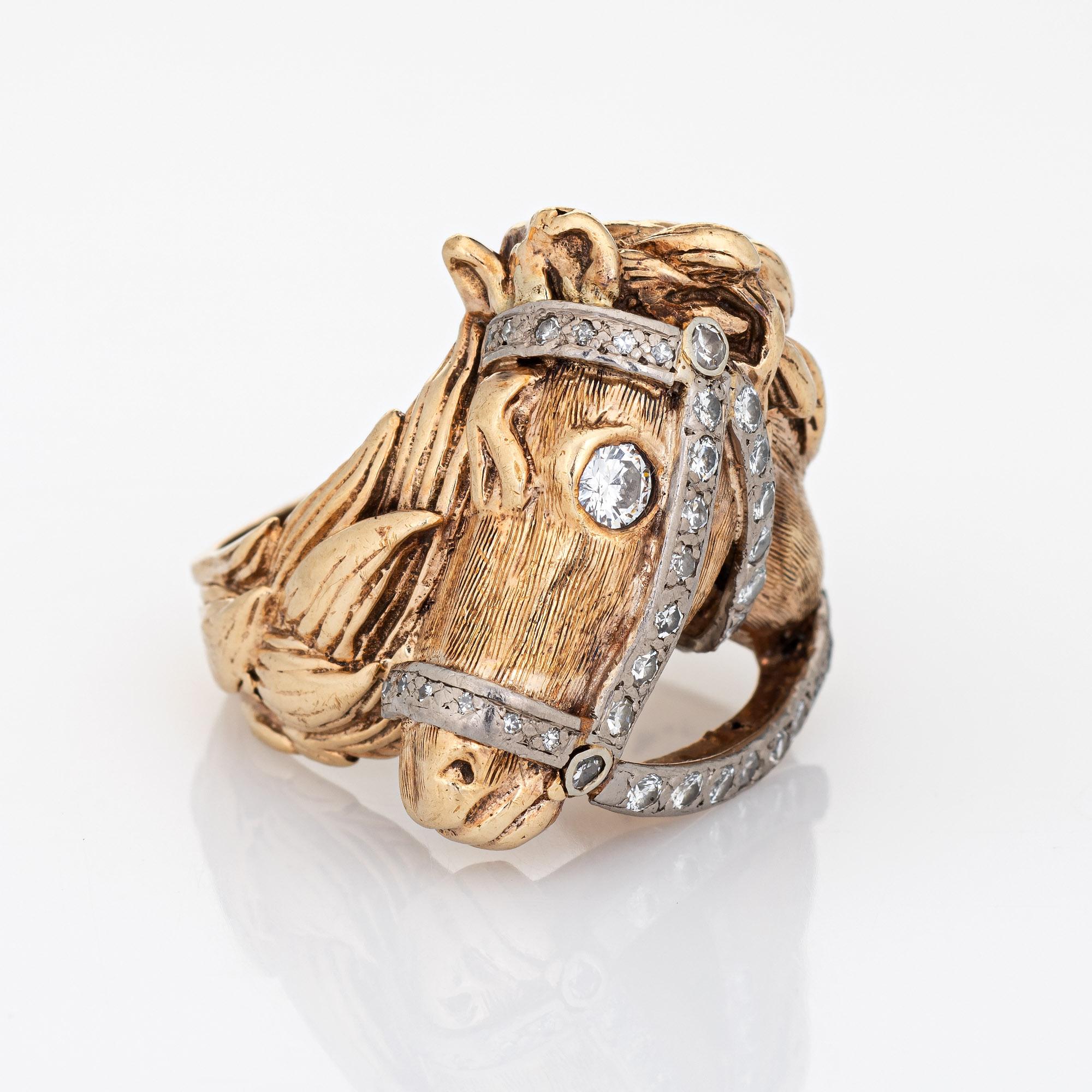 Modern Vintage Horse Ring Diamond 14k Yellow Gold Animal Jewelry Equestrian